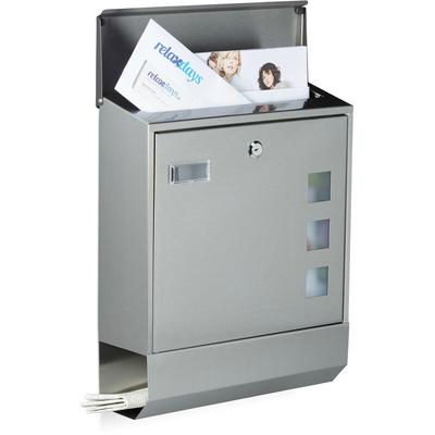 Briefkasten Edelstahl mit Zeitungsfach, Namensschild, Sichtfenster, HxBxT: 42 x 35 x 12,5 cm,