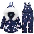 Little Kids Baby Girls Two Piece Winter Warm Polka Dots Puffer Down Hooded Ears Fur Trim Snowsuit Jacket with Snow Ski Bib Pants 1-2 Years Navy