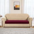 Winston Porter Stretch Textured Grid Box Cushion Loveseat Slipcover Polyester/Microfiber/Microsuede in Red/Brown | 10 H x 50 W x 27.5 D in | Wayfair