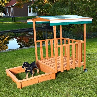 Mucola - Melko Sandkasten mit Spielveranda, Abdeckung und Sonnenschutz für Kinder, aus Holz, 182 x Image