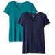 Amazon Essentials Damen Kurzärmeliges T-Shirt mit V-Ausschnitt, Klassischer Schnitt, 2er-Pack, Dunkelgrün/Marineblau, XL