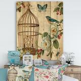 East Urban Home Blue Cottage Bird, Birdcage & Apple Blossoms I - Floral & botanical Print on Natural Pine in Brown/Green | Wayfair