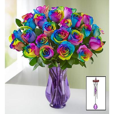 1-800-Flowers Flower Delivery Rainbow Roses 24 Stems W/ Purple Vase & Windchime | Same Day Delivery Available