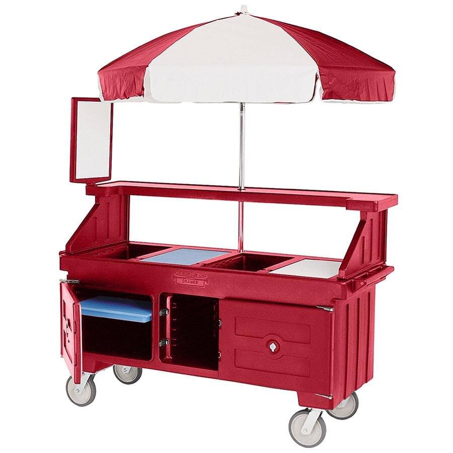 Cambro CVC72158 Camcruiser Hot Red Customizable Vending Cart with Umbrella and 3 Counter Wells