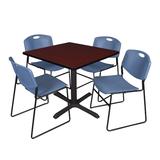 "Cain 36"" Square Breakroom Table in Mahogany & 4 Zeng Stack Chairs in Blue - Regency TB3636MH44BE"