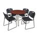 "Kee 36"" Round Breakroom Table in Cherry/ Chrome & 4 Zeng Stack Chairs in Black - Regency TB36RNDCHBPCM44BK"