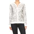 Anna-Kaci Womens Sequin Long Sleeve Front Zip Jacket with Ribbed Cuffs, Silver, Small