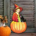 Designocracy Pumpkin Fairy Wooden Door Hanger Wood in Brown/Red | 24 H x 18 W x 0.5 D in | Wayfair 81931572H