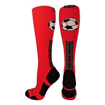 MadSportsStuff Soccer Socks with Soccer Ball Logo Over The Calf (Scarlet/Black/Graphite, Large)