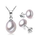 TreasureBay Women's Pearl Jewellery Set Classic AA Grade 8-9mm Freshwater Pearl Necklace and Earrings Jewellery Set For Women Ladies and Girls Colour: White Grey Pink Black (White)