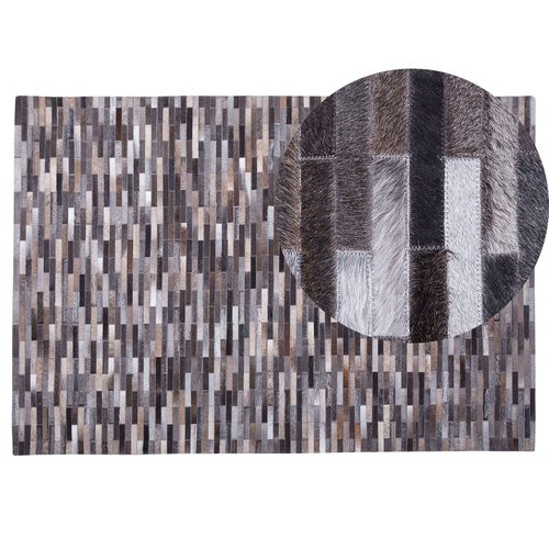 Teppich Grau mit Braun 140 x 200 cm aus Leder Kurzhaarteppich Handgefertigt Streifen Rechteckig Modern