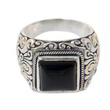 Tambora,'Onyx and Gold Accented Sterling Silver Ring for Men'
