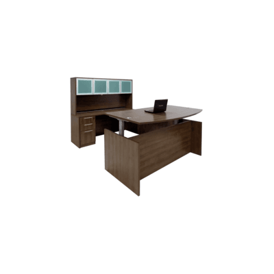 Adjustable Height Bow Front U-Shaped Desk w/Hutch in Modern Walnut
