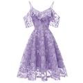 Women Off Shoulder Cocktail Party Dress Lace Above Knee Length Swing Bridesmaid Gown Lilac M