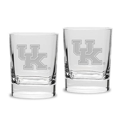 NCAA Kentucky Wildcats Adult Set of 2 - 14 oz Square Double Old Fashion Glasses Deep Etched Engraved