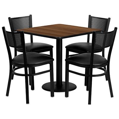 Flash Furniture 30'' Square Walnut Laminate Table Set with 4 Grid Back Metal Chairs - Black Vinyl Se