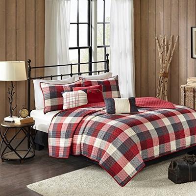 Madison Park Ridge Full/Queen Size Quilt Bedding Set - Red, Plaid - 6 Piece Bedding Quilt Coverlets