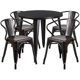 Flash Furniture 30'' Round Black-Antique Gold Metal Indoor-Outdoor Table Set with 4 Arm Chairs screenshot. Patio Furniture directory of Outdoor Furniture.