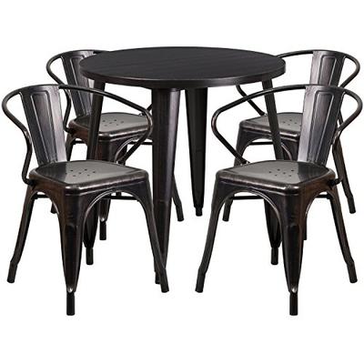 Flash Furniture 30'' Round Black-Antique Gold Metal Indoor-Outdoor Table Set with 4 Arm Chairs