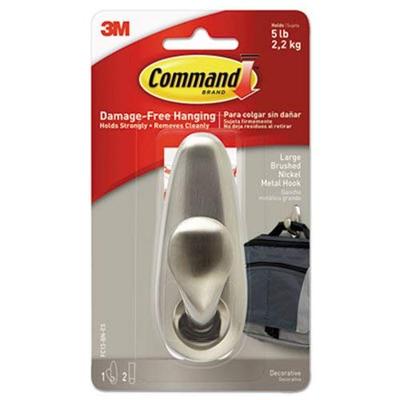 Command FC13BNES Adhesive Mount Metal Hook, Large, Brushed Nickel Finish, 1 Hook & 2 Strips/Pack