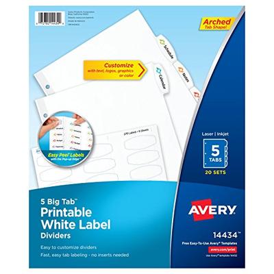 Avery Big Tab Printable White Label Dividers with Easy Peel, 5 Tabs, 20 Sets (14434)