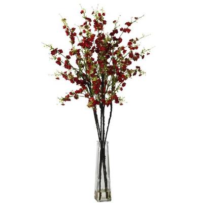 Nearly Natural 1193-RD Cherry Blossoms with Vase Silk Flower Arrangement, Red