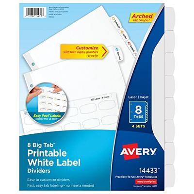 Avery Big Tab Printable White Label Dividers with Easy Peel, 8 Tabs, 4 Sets (14433)