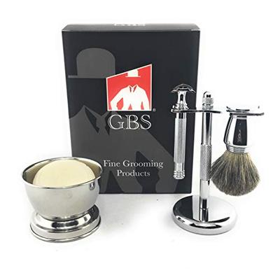 GBS Safety Razor Shave Kit - Twist Open Safety Razor with Open Comb, Pure Badger Chrome Shave Brush,