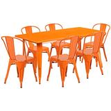 Flash Furniture 31.5'' x 63'' Rectangular Orange Metal Indoor-Outdoor Table Set with 6 Stack Chairs screenshot. Desks directory of Office Furniture.
