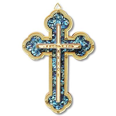 My Daily Styles Wooden Christian Cross Jesus Savior Simulated Gemstones Turquoise Wall Decor - Made