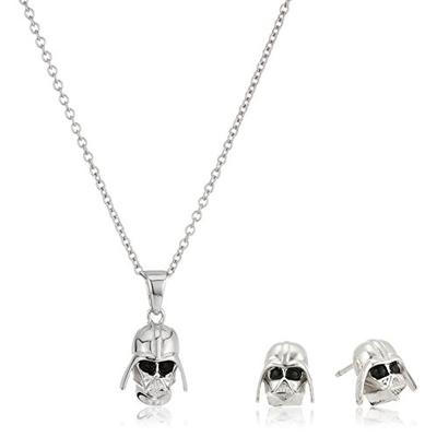 Star Wars Jewelry Darth Vader 925 Sterling Silver 3D Stud Earrings and Pendant Necklace, 18"