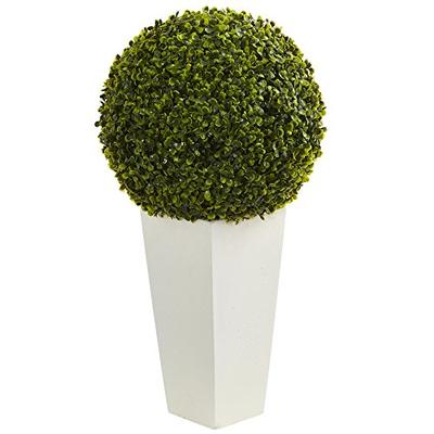 Nearly Natural Artificial Plant (Indoor/Outdoor) 28" Boxwood Topiary Ball in White Tower Planter Gre