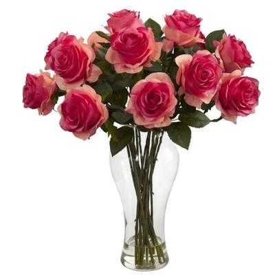 Nearly Natural 1328-DP Blooming Roses with Vase, Dark Pink