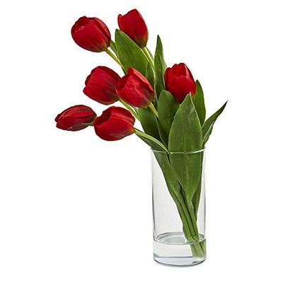 Nearly Natural 1574-RD Tulip Arrangement in Cylinder Vase Artificial Plant Red