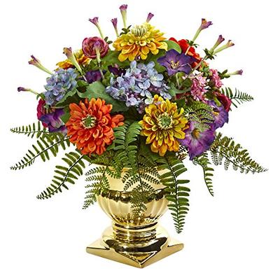 Nearly Natural Mixed Floral in Gold Urn 14"