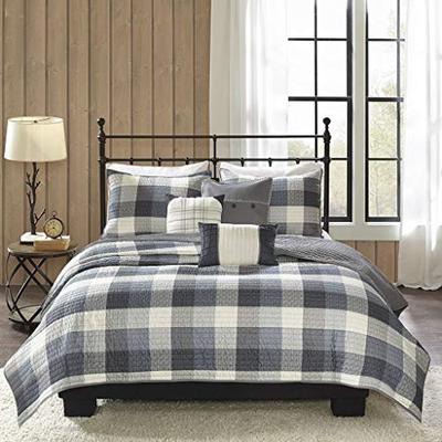 Madison Park Ridge Full/Queen Size Quilt Bedding Set - Grey, Plaid - 6 Piece Bedding Quilt Coverlets