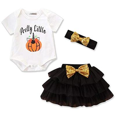 stylesilove Infant Baby Girls Halloween Pretty Little Pumpkin Romper and Tutu Skirt with Headband 3p