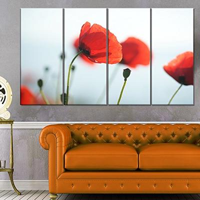 Designart Poppies on Background of Sea - Modern Floral Metal Wall Art 28'' H x 48'' W x 1'' D 4P Red