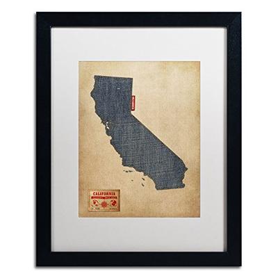 California Map Denim Jeans Style Art by Michael Tompsett in Black Frame, 16 by 20-Inch, White Matte