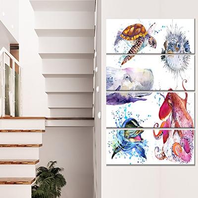 Designart Amazing Undersea Life Collage-Contemporary Animal Metal Wall Art 28x48-4 Equal Panels Pink