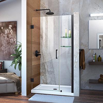 DreamLine Unidoor Min 42 in. to Max 43 in. Frameless Hinged Shower, Clear 3/8 in. Glass Door, Satin