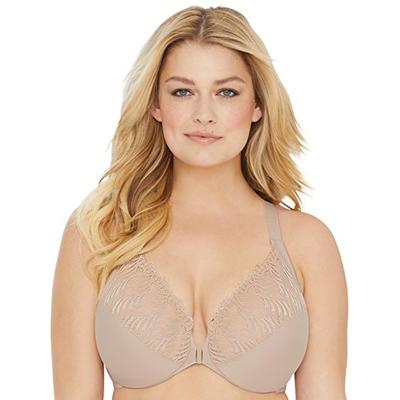 Glamorise Women's Plus Size Full Figure Front Close Lace T-Back Wonderwire Bra #1246, Cafe