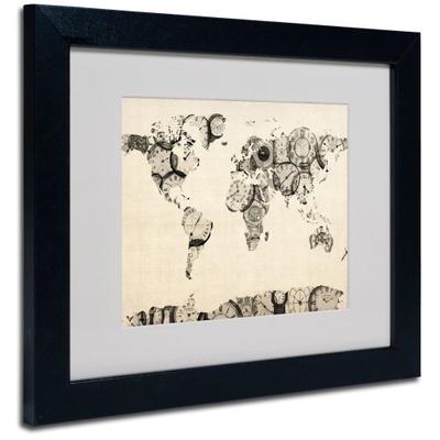 Old Clocks World Map Artwork by Michael Tompsett in Black Frame, 11 by 14-Inch