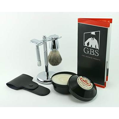 GBS Men's Wet Grooming Kit - Butterfly Double Edge Razor w/Etched Handle & Travel Case, Pure Badger