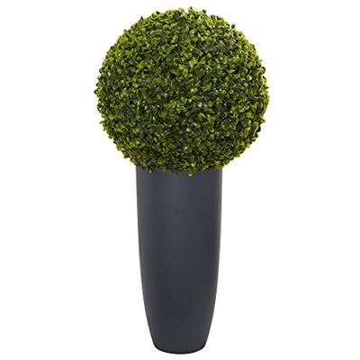 Nearly Natural Artificial Plant (Indoor/Outdoor) 30" Boxwood Topiary in Gray Cylinder Planter Green