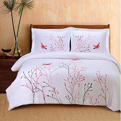 Superior 100% Cotton Percale Embroidered 3-Piece Duvet Cover Set, King/California King, Red Swallow