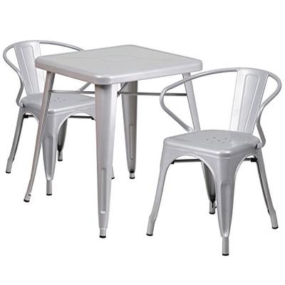 Flash Furniture 23.75'' Square Silver Metal Indoor-Outdoor Table Set with 2 Arm Chairs