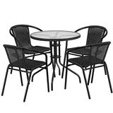 Flash Furniture 28'' Round Glass Metal Table with Black Rattan Edging and 4 Black Rattan Stack Chair screenshot. Patio Furniture directory of Outdoor Furniture.