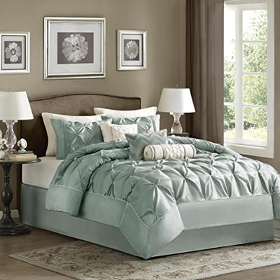 Madison Park Laurel Cal King Size Bed Comforter Set Bed in A Bag - Seafoam, Wrinkle Tufted Pleated -